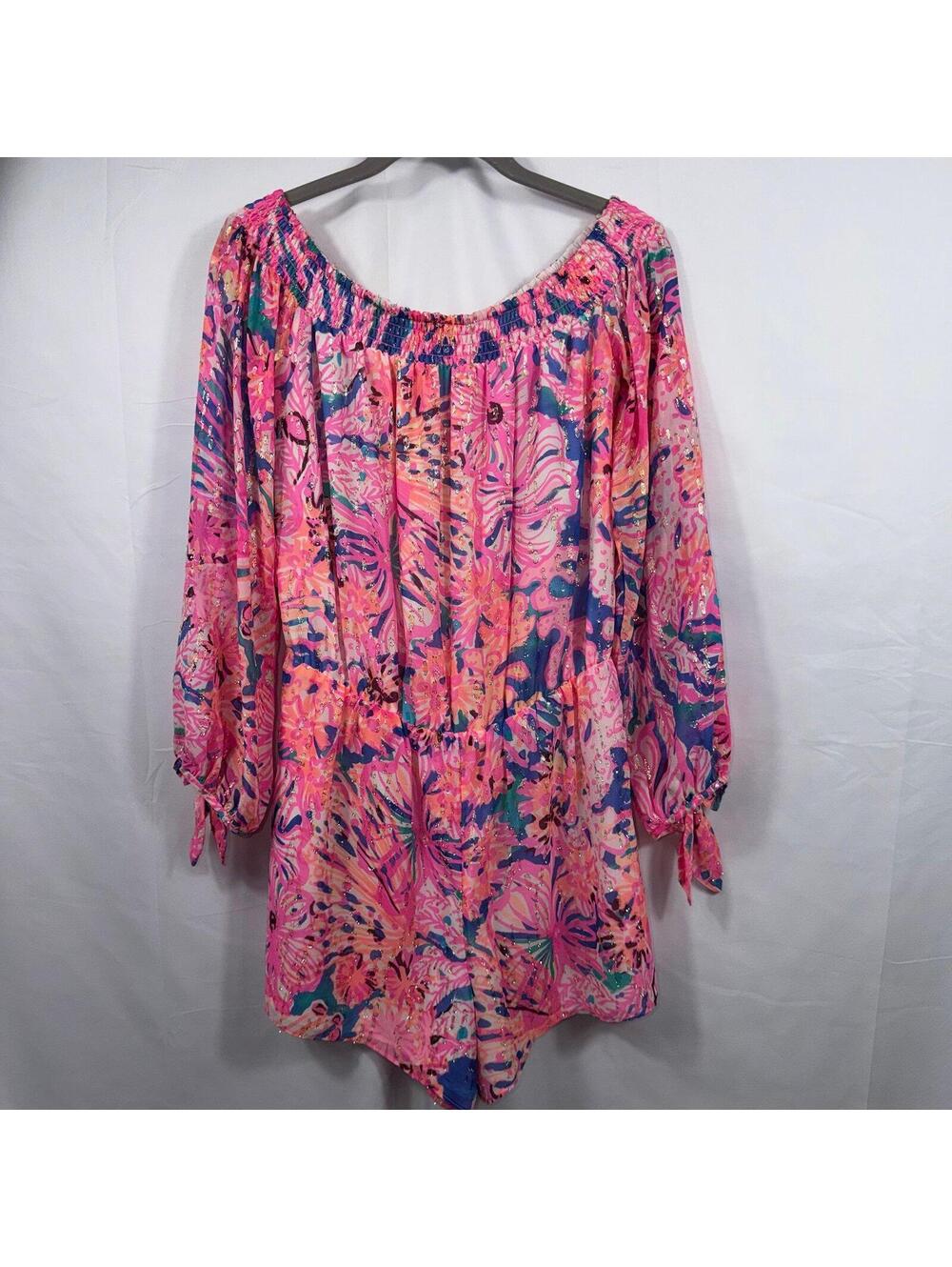 Lilly Pulitzer Pink Multicolor Silk Blend Off Shoulder Romper Size Small